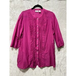 Chico's Womens Tunic Blouse Top Pink Pintuck 3/4 Sleeve‎ Mandarin Collar Size 3